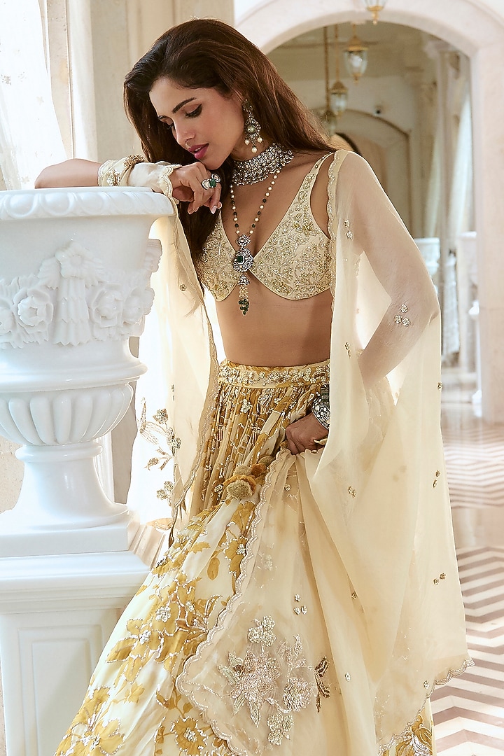 Ivory Organza Floral Motif Embroidered Wedding Lehenga Set by Paulmi & Harsh at Pernia's Pop Up Shop