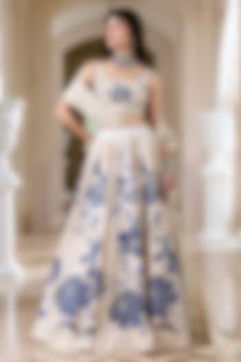 Ivory & Blue Chiniya Silk Floral Printed Wedding Lehenga Set by Paulmi & Harsh at Pernia's Pop Up Shop