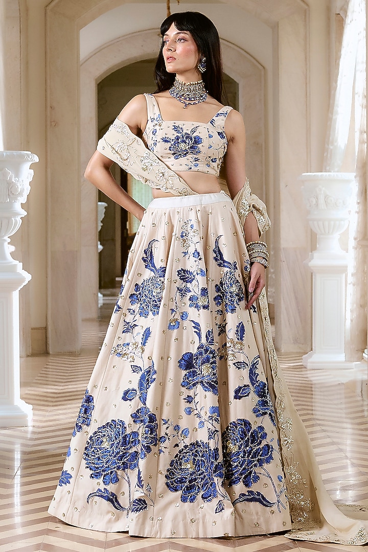 Ivory & Blue Chiniya Silk Floral Printed Wedding Lehenga Set by Paulmi & Harsh at Pernia's Pop Up Shop