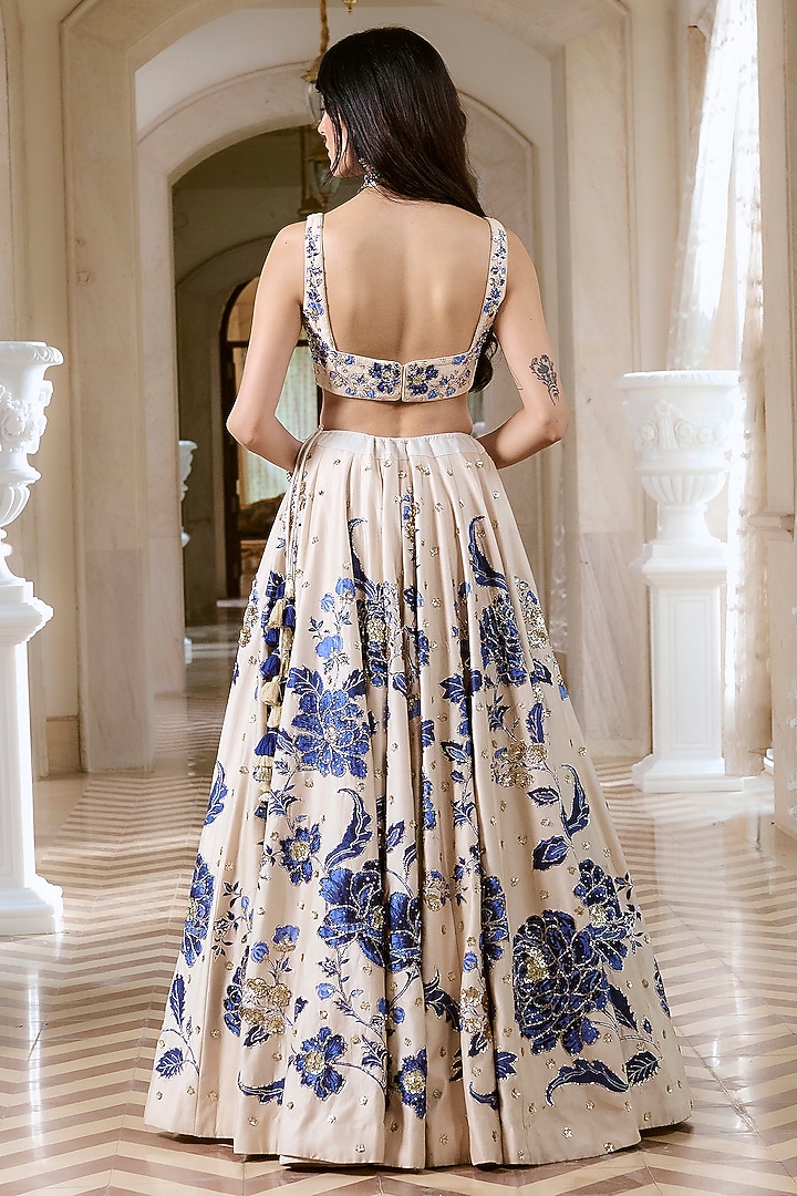 Ivory & Blue Chiniya Silk Floral Printed Wedding Lehenga Set by Paulmi & Harsh at Pernia's Pop Up Shop