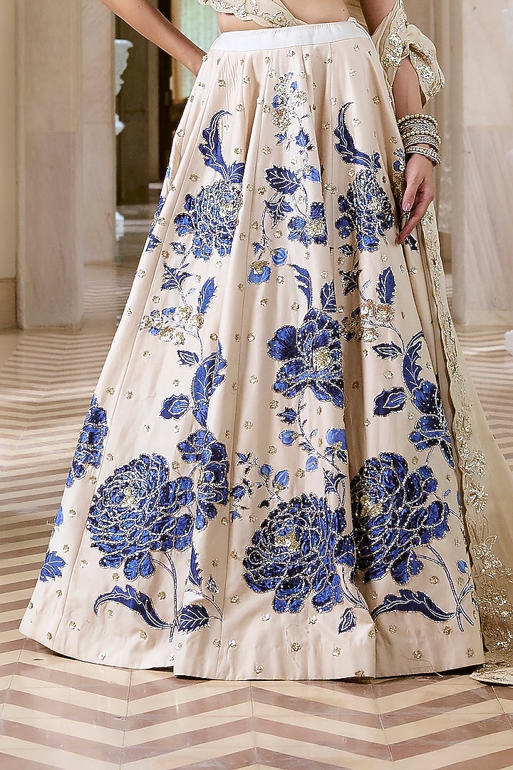 Ivory & Blue Chiniya Silk Floral Printed Wedding Lehenga Set by Paulmi & Harsh at Pernia's Pop Up Shop