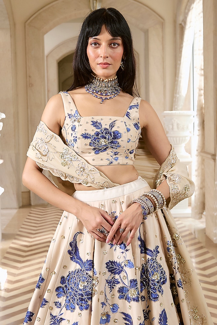 Ivory & Blue Chiniya Silk Floral Printed Wedding Lehenga Set by Paulmi & Harsh at Pernia's Pop Up Shop
