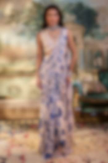 Ivory & Blue Georgette Floral Hand Embroidered Pre-Draped Set by Paulmi & Harsh at Pernia's Pop Up Shop