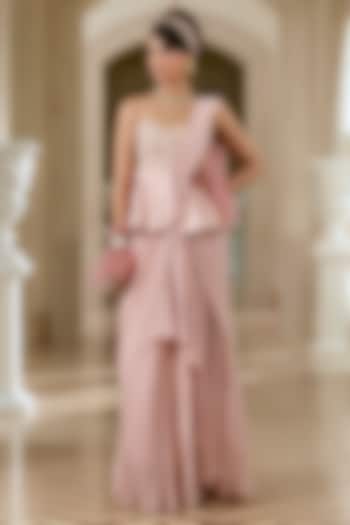 Flamingo Pink Georgette Pre-Draped Peplum Wedding Saree Set by Paulmi & Harsh at Pernia's Pop Up Shop