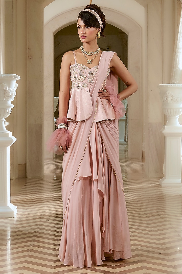 Flamingo Pink Georgette Pre-Draped Peplum Wedding Saree Set by Paulmi & Harsh at Pernia's Pop Up Shop