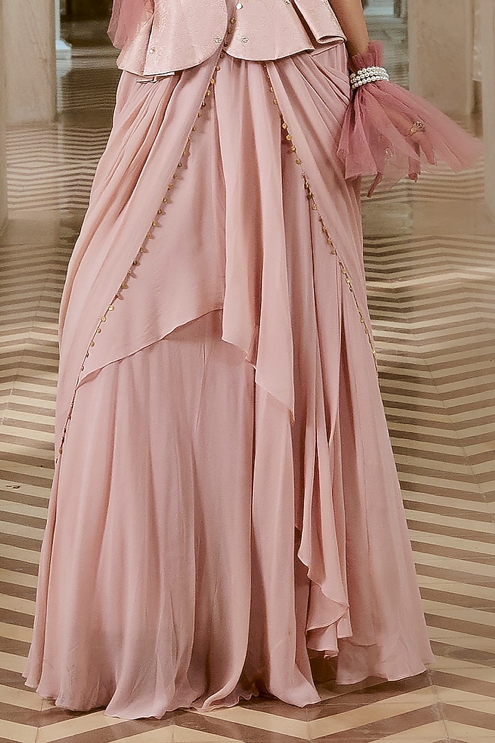 Flamingo Pink Georgette Pre-Draped Peplum Wedding Saree Set by Paulmi & Harsh at Pernia's Pop Up Shop