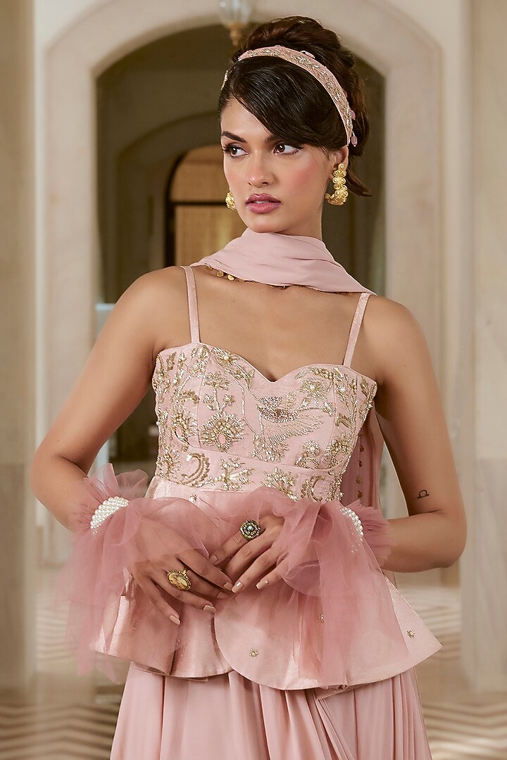 Flamingo Pink Georgette Pre-Draped Peplum Wedding Saree Set by Paulmi & Harsh at Pernia's Pop Up Shop