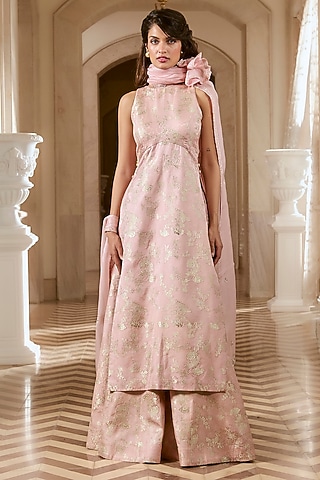 Flamingo Pink Jacquard Hand Embroidered High-Neck Kurta Set by Paulmi & Harsh