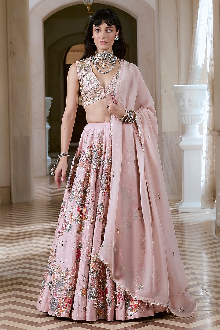 Baby Pink Chiniya Silk Floral Motif Hand Embroidered Wedding Lehenga Set by Paulmi & Harsh at Pernia's Pop Up Shop