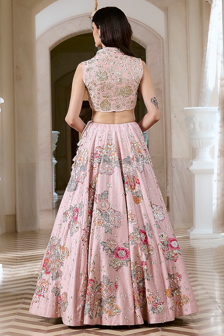 Baby Pink Chiniya Silk Floral Motif Hand Embroidered Wedding Lehenga Set by Paulmi & Harsh at Pernia's Pop Up Shop