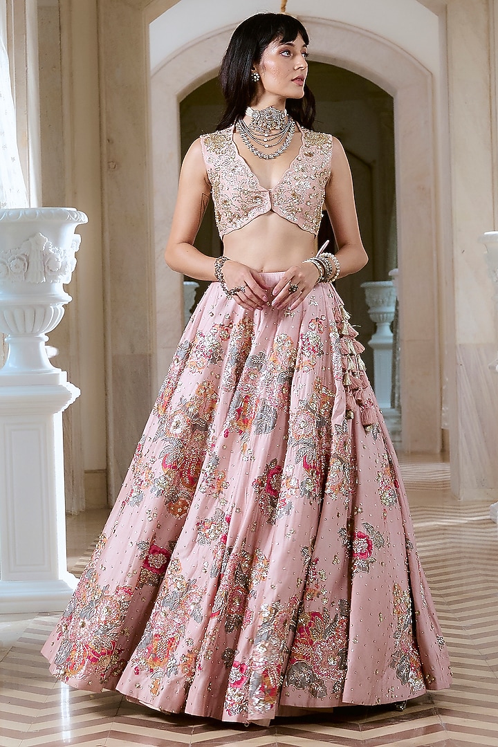Baby Pink Chiniya Silk Floral Motif Hand Embroidered Wedding Lehenga Set by Paulmi & Harsh at Pernia's Pop Up Shop