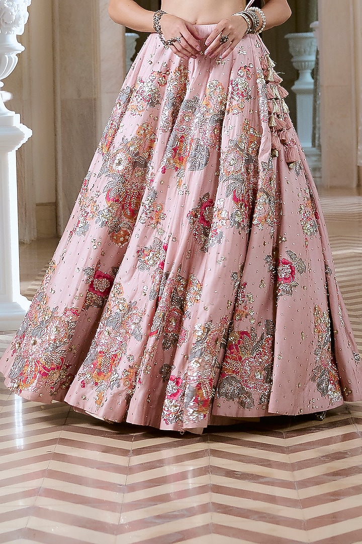 Baby Pink Chiniya Silk Floral Motif Hand Embroidered Wedding Lehenga Set by Paulmi & Harsh at Pernia's Pop Up Shop