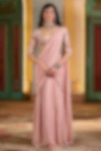 Light Pink Chiffon Pre-Draped Wedding Saree Set by Paulmi & Harsh at Pernia's Pop Up Shop