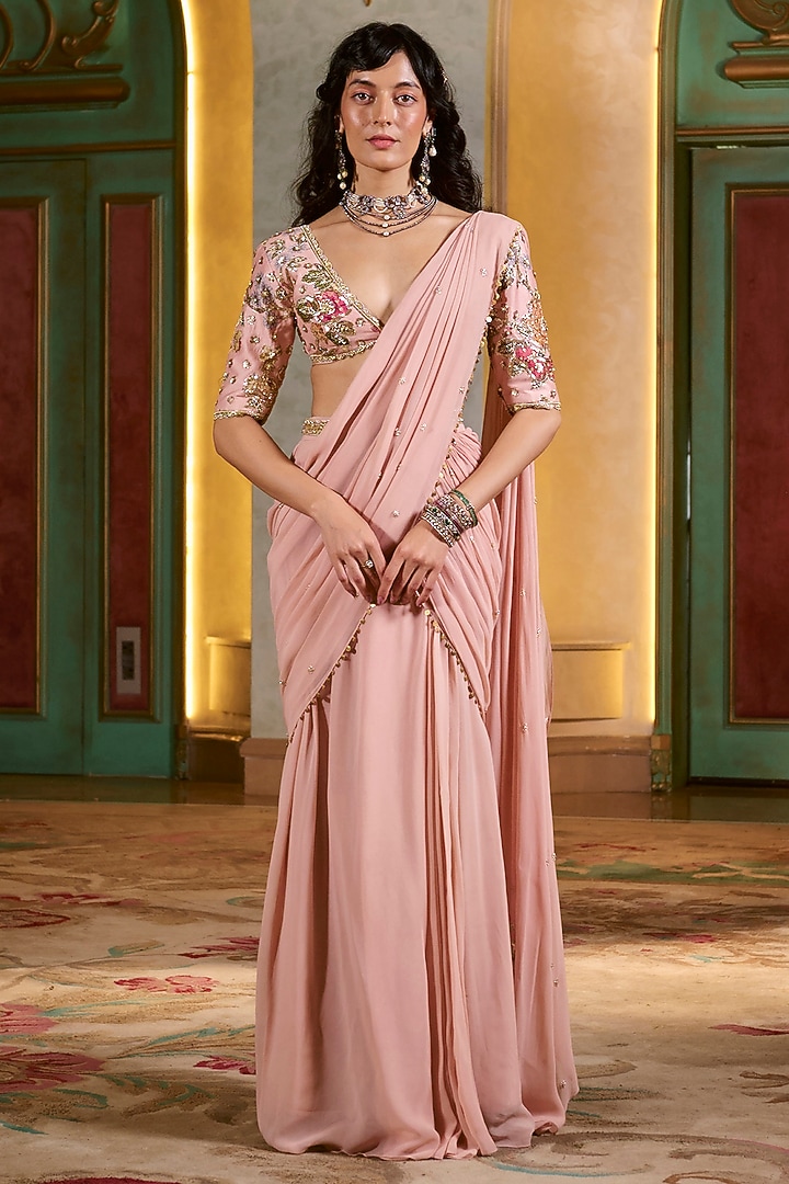 Light Pink Chiffon Pre-Draped Wedding Saree Set by Paulmi & Harsh at Pernia's Pop Up Shop