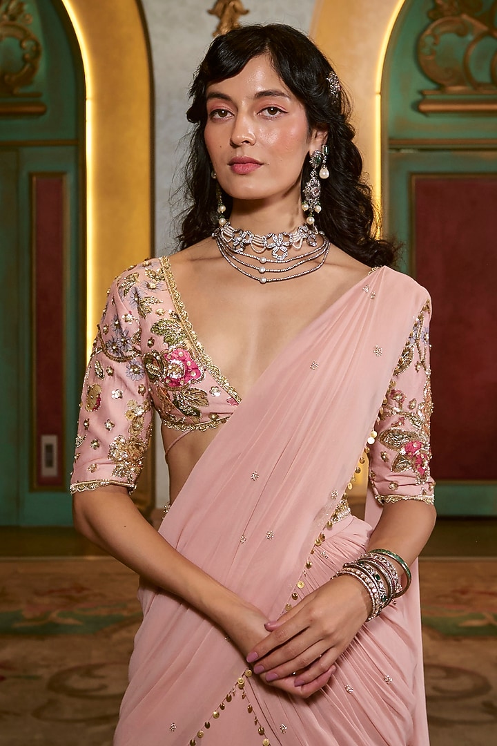 Light Pink Chiffon Pre-Draped Wedding Saree Set by Paulmi & Harsh at Pernia's Pop Up Shop