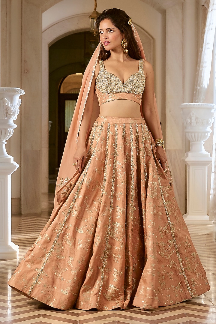 Onion Pink Jacquard Zardosi Embroidered Wedding Lehenga Set by Paulmi & Harsh at Pernia's Pop Up Shop
