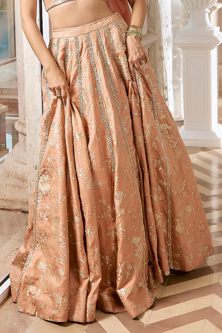 Onion Pink Jacquard Zardosi Embroidered Wedding Lehenga Set by Paulmi & Harsh at Pernia's Pop Up Shop