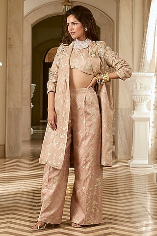 Mocha Blush Jacquard Hand Embroidered Blazer Set by Paulmi & Harsh