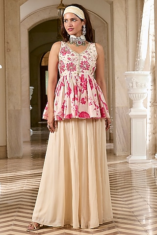 Ivory & Pink Georgette Palazzo Pant Set by Paulmi & Harsh