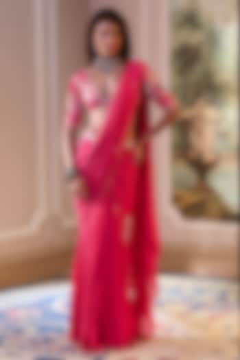 Hot Pink Chiffon Pre-Draped Wedding Saree Set by Paulmi & Harsh at Pernia's Pop Up Shop
