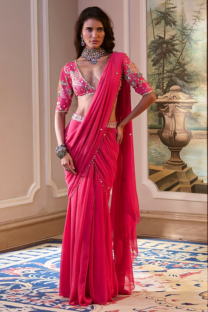 Hot Pink Chiffon Pre-Draped Wedding Saree Set by Paulmi & Harsh at Pernia's Pop Up Shop