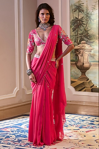 Hot Pink Chiffon Pre-Draped Saree Set by Paulmi & Harsh