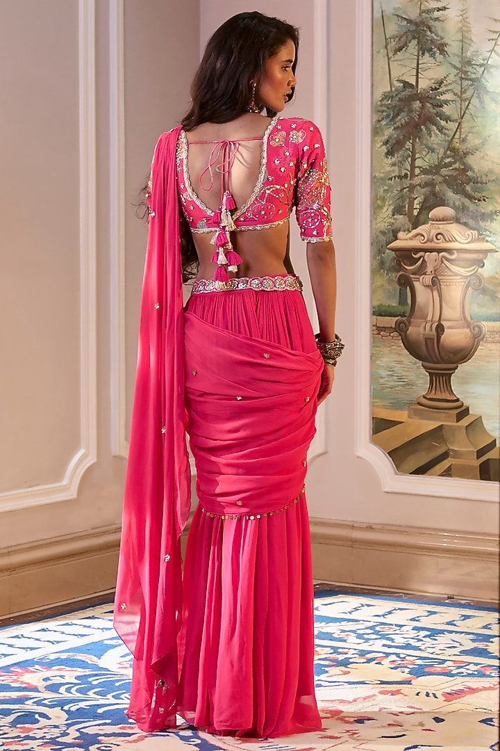 Hot Pink Chiffon Pre-Draped Wedding Saree Set by Paulmi & Harsh at Pernia's Pop Up Shop