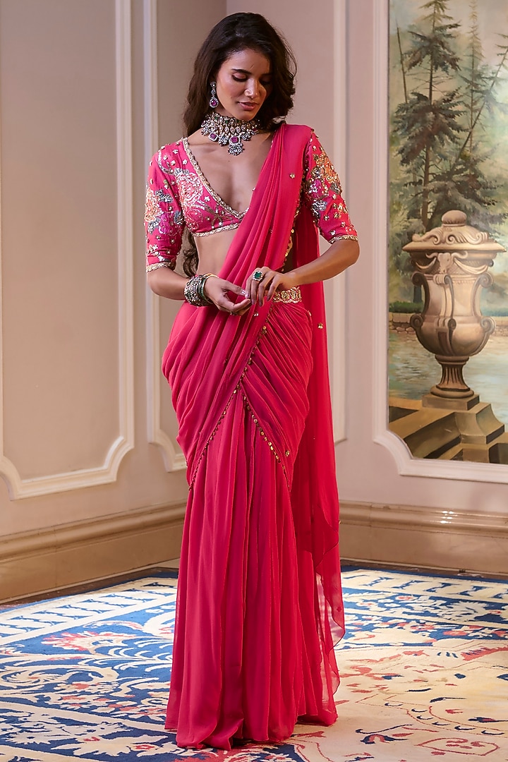Hot Pink Chiffon Pre-Draped Wedding Saree Set by Paulmi & Harsh at Pernia's Pop Up Shop