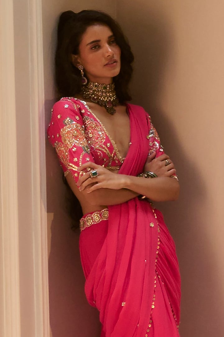 Hot Pink Chiffon Pre-Draped Wedding Saree Set by Paulmi & Harsh at Pernia's Pop Up Shop