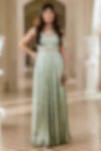 Turquoise Blue Jacquard Strappy Party Wear Gown by Paulmi & Harsh at Pernia's Pop Up Shop