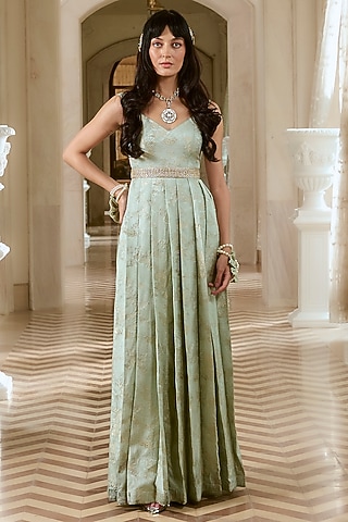Turquoise Blue Jacquard Strappy Gown by Paulmi & Harsh