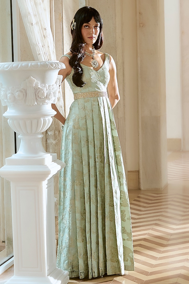 Turquoise Blue Jacquard Strappy Party Wear Gown by Paulmi & Harsh at Pernia's Pop Up Shop