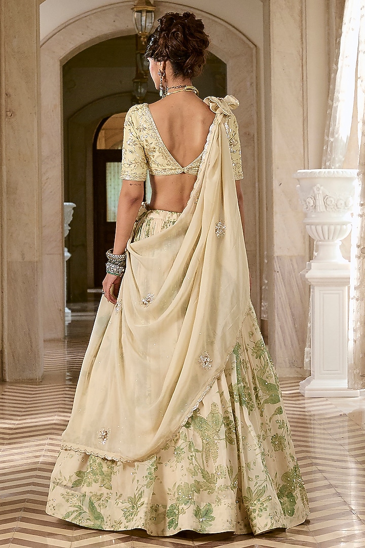 Ivory & Green Pure Organza Hand Embroidered Wedding Lehenga Set by Paulmi & Harsh at Pernia's Pop Up Shop