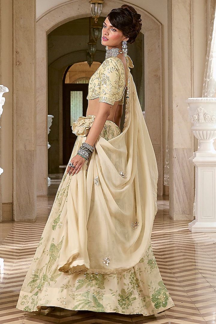 Ivory & Green Pure Organza Hand Embroidered Wedding Lehenga Set by Paulmi & Harsh at Pernia's Pop Up Shop