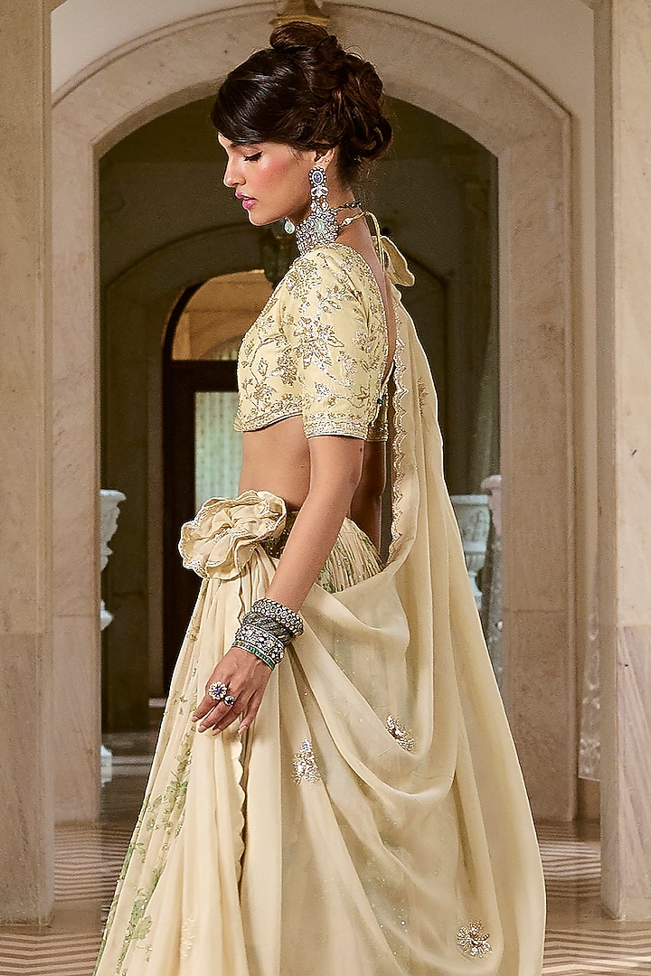 Ivory & Green Pure Organza Hand Embroidered Wedding Lehenga Set by Paulmi & Harsh at Pernia's Pop Up Shop
