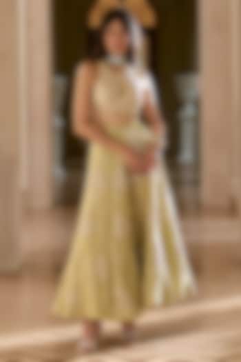 Pistachio Green Jacquard Zardosi Embroidered Wedding Lehenga Set by Paulmi & Harsh at Pernia's Pop Up Shop