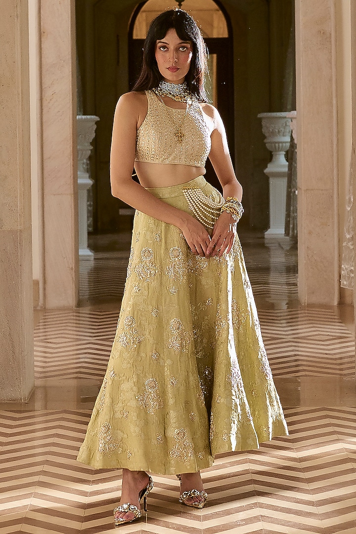 Pistachio Green Jacquard Zardosi Embroidered Wedding Lehenga Set by Paulmi & Harsh at Pernia's Pop Up Shop