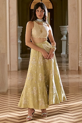 Pistachio Green Jacquard Zardosi Embroidered Lehenga Set by Paulmi & Harsh