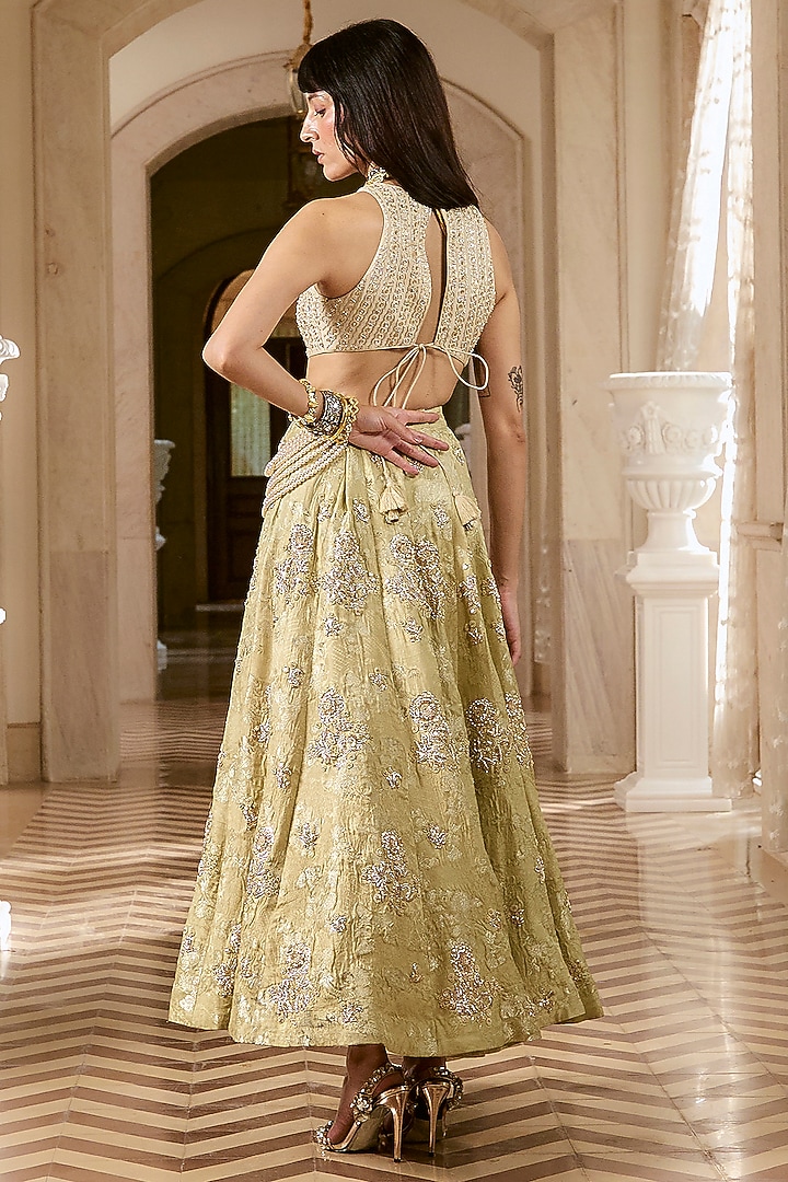 Pistachio Green Jacquard Zardosi Embroidered Wedding Lehenga Set by Paulmi & Harsh at Pernia's Pop Up Shop