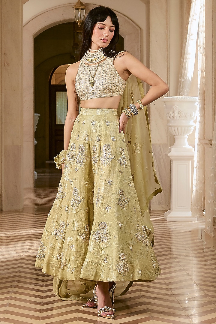 Pistachio Green Jacquard Zardosi Embroidered Wedding Lehenga Set by Paulmi & Harsh at Pernia's Pop Up Shop