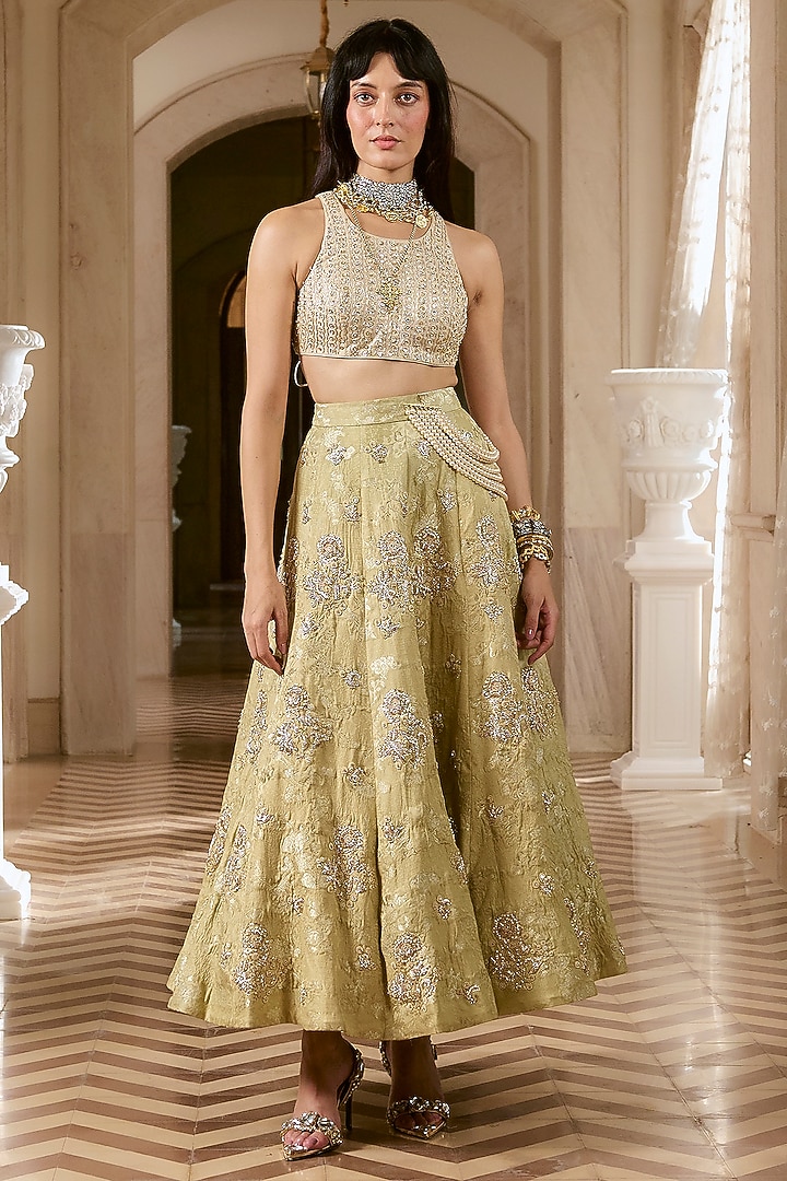 Pistachio Green Jacquard Zardosi Embroidered Wedding Lehenga Set by Paulmi & Harsh at Pernia's Pop Up Shop