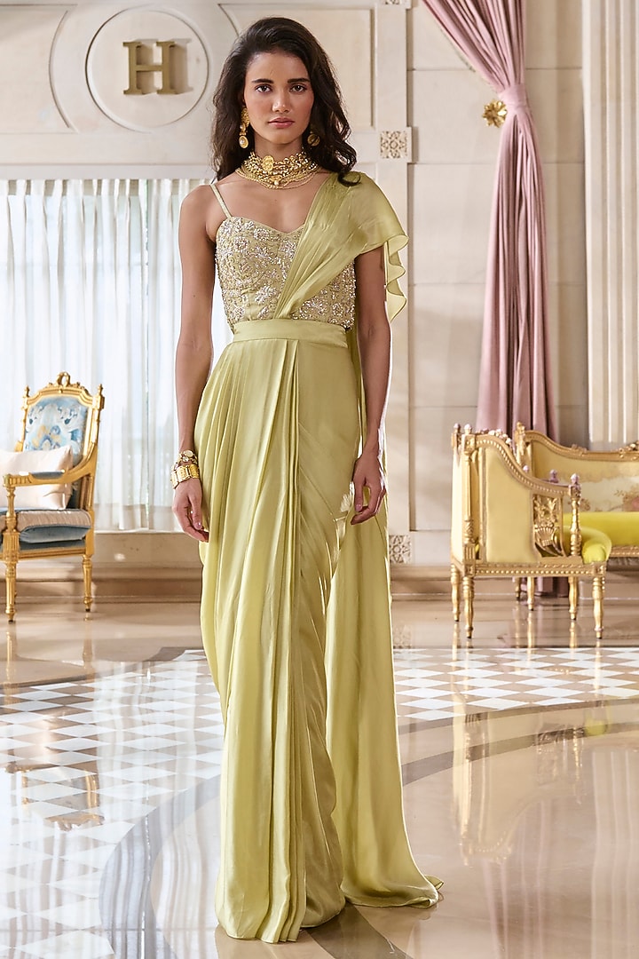 Pista Green Japan Satin Pre-Draped Wedding Saree Set by Paulmi & Harsh at Pernia's Pop Up Shop