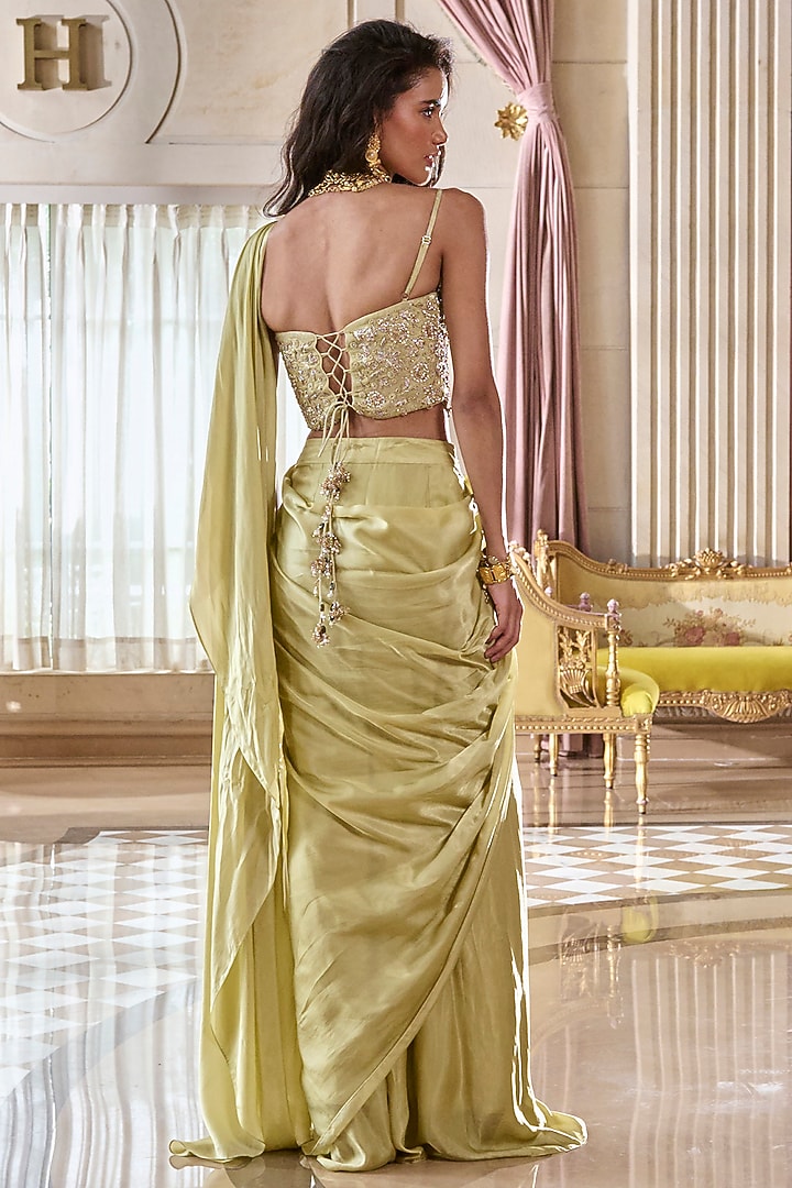 Pista Green Japan Satin Pre-Draped Wedding Saree Set by Paulmi & Harsh at Pernia's Pop Up Shop