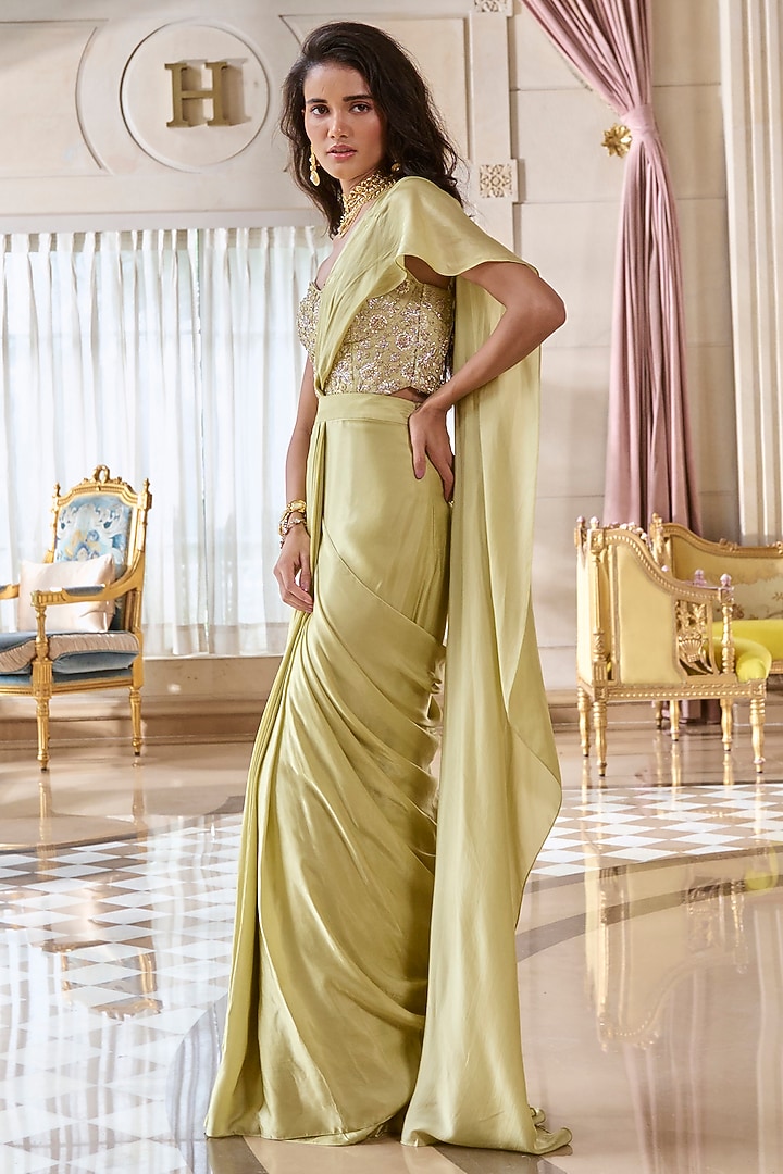 Pista Green Japan Satin Pre-Draped Wedding Saree Set by Paulmi & Harsh at Pernia's Pop Up Shop
