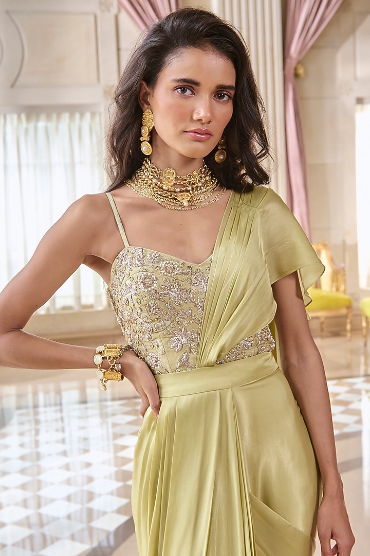 Pista Green Japan Satin Pre-Draped Wedding Saree Set by Paulmi & Harsh at Pernia's Pop Up Shop