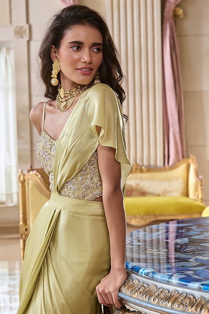 Pista Green Japan Satin Pre-Draped Wedding Saree Set by Paulmi & Harsh at Pernia's Pop Up Shop