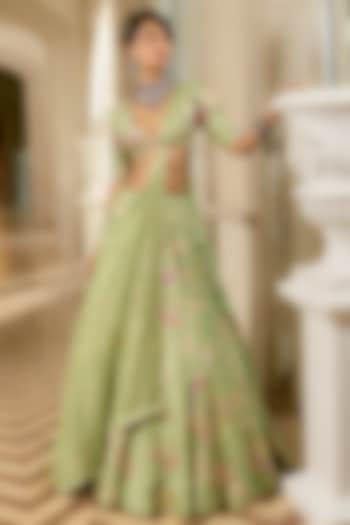 Sage Green Organza Floral Printed Wedding Lehenga Set by Paulmi & Harsh at Pernia's Pop Up Shop