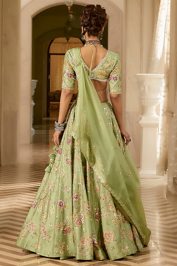 Sage Green Organza Floral Printed Wedding Lehenga Set by Paulmi & Harsh at Pernia's Pop Up Shop