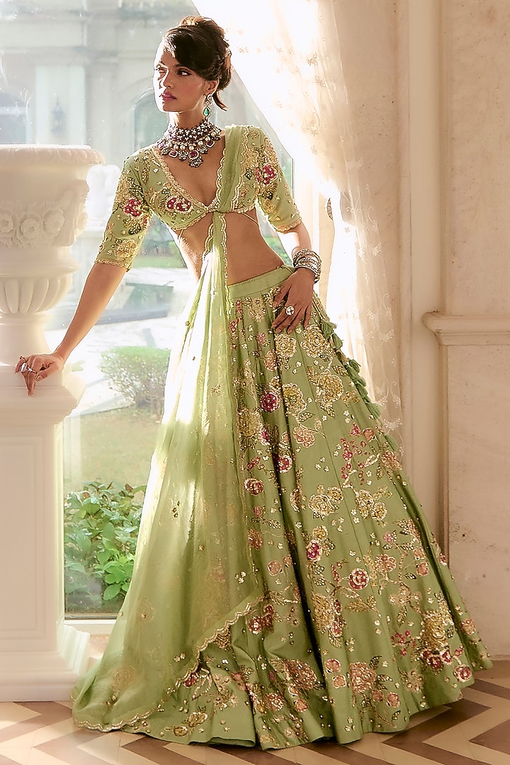 Sage Green Organza Floral Printed Wedding Lehenga Set by Paulmi & Harsh at Pernia's Pop Up Shop