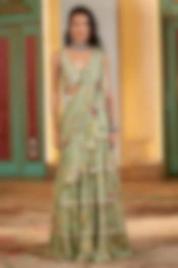 Sage Green Chiffon Pre-Draped Ruffled Wedding Saree Set by Paulmi & Harsh at Pernia's Pop Up Shop